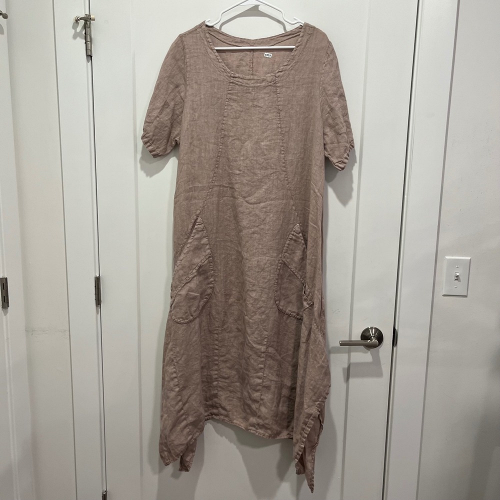 Made in Italy 100% Linen Lagenlook Sharkbite Hem Pocket Midi Dress Mauve TG.U